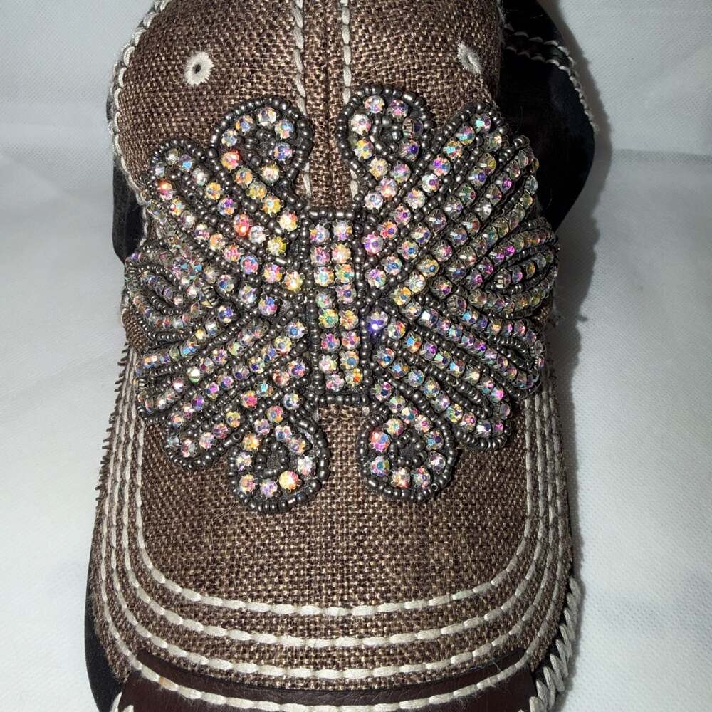 Olive & Pique Distressed Rhinestone Butterfly Embellished Baseball Cap